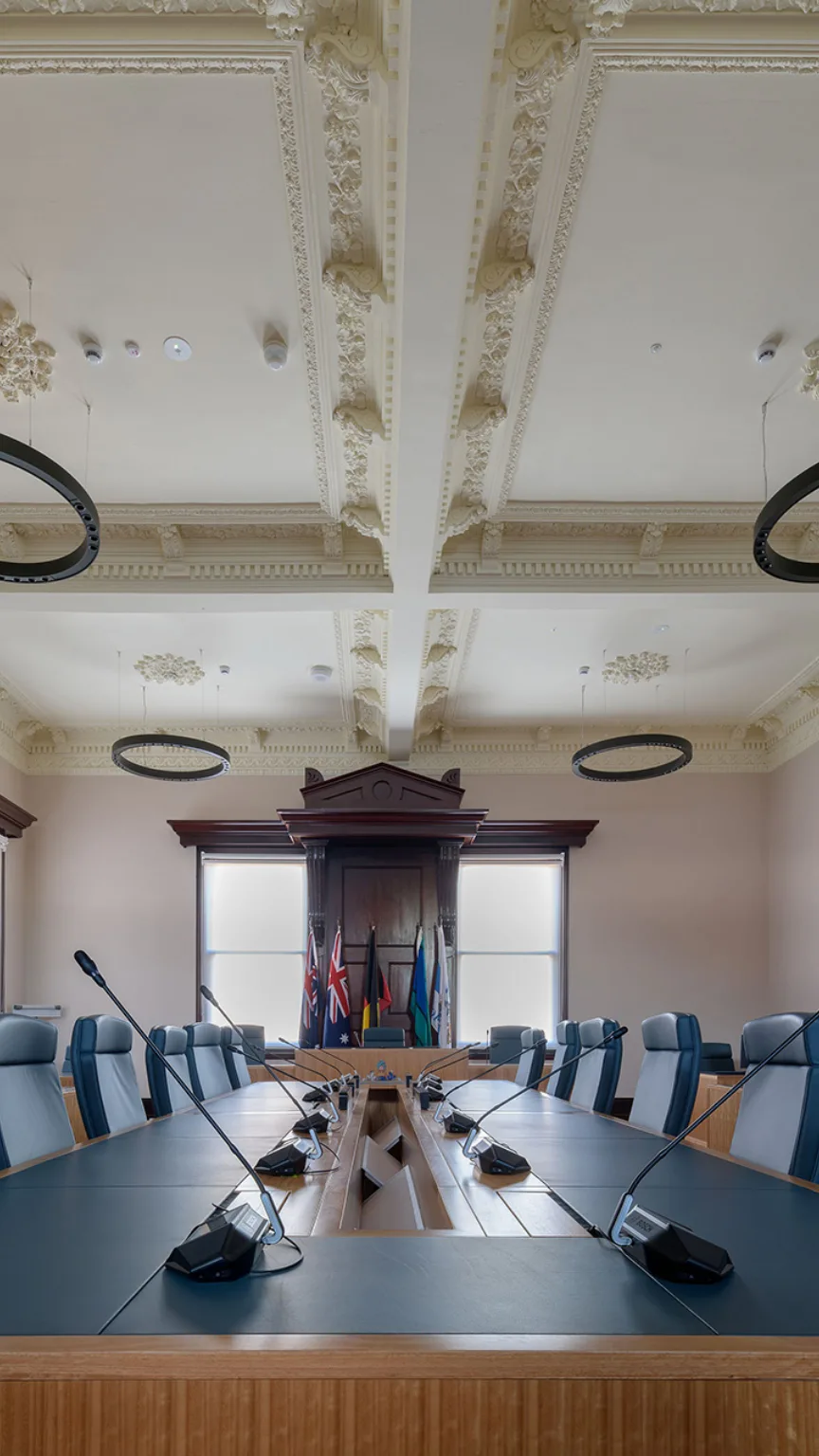 Main Council Chambers refurbished with suspended ceiling lights, new joinery and carpet